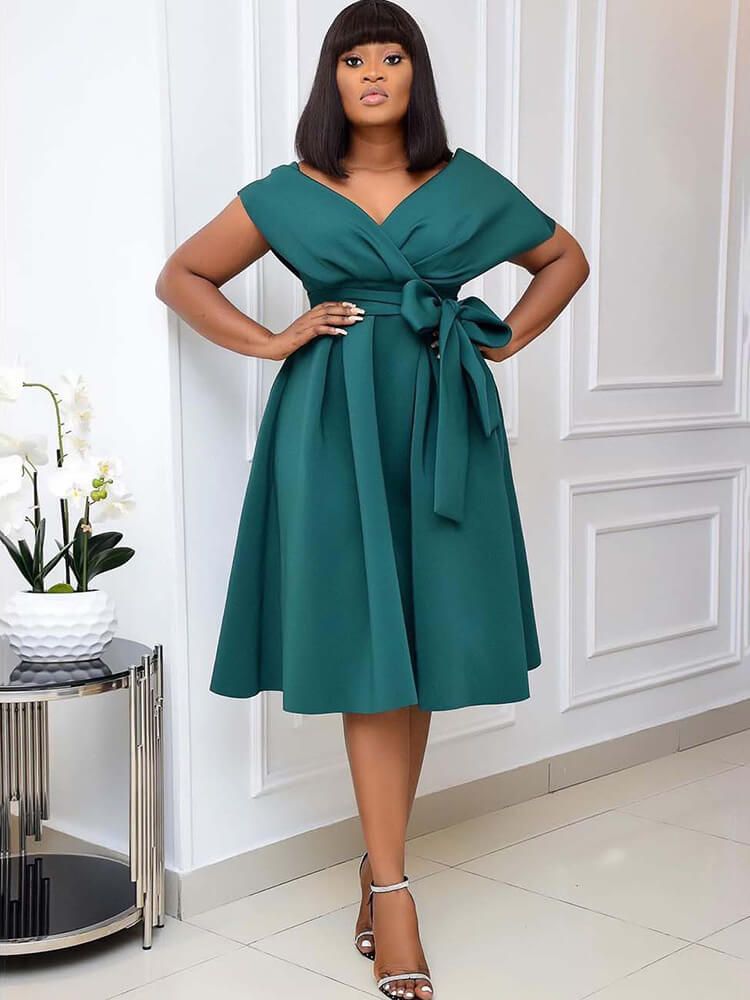 Off Shoulder Ruched Swing Midi Dresses Tiynon