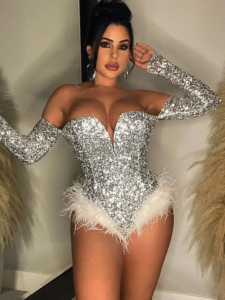 Off Shoulder Sequin Feather Bodycon Rompers Tiynon