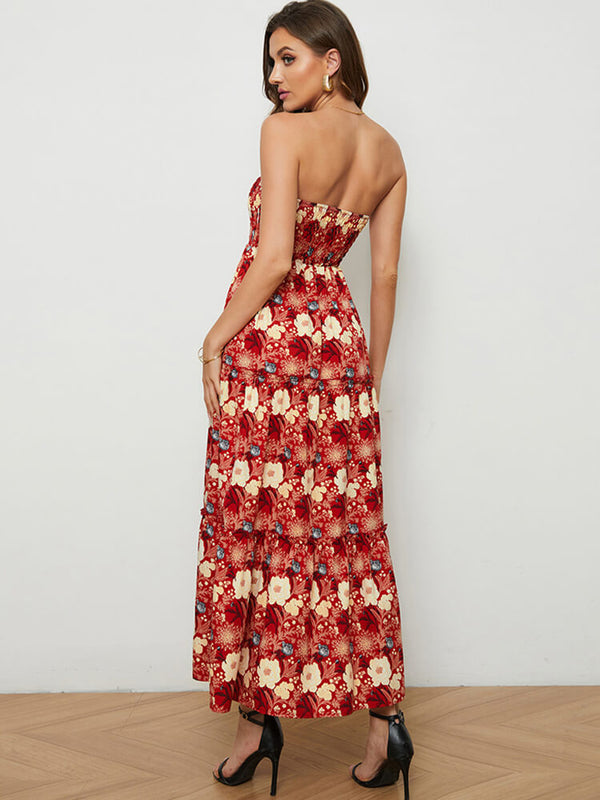 Off Shoulder Sleeveless Floral Print Midi Dresses Tiynon