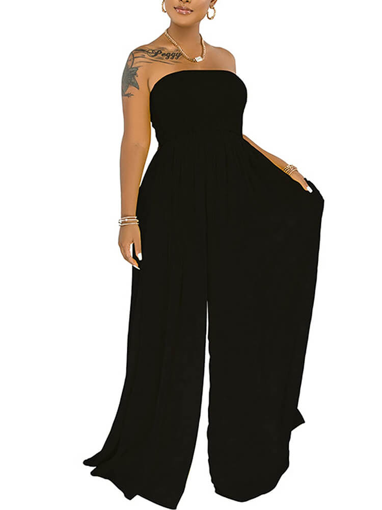 Off Shoulder Solid Color Wide Leg Jumpsuits Tiynon