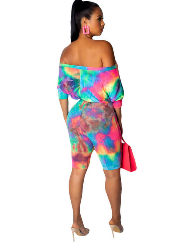 Off Shoulder Tie Dye Short Jumpsuits Tiynon