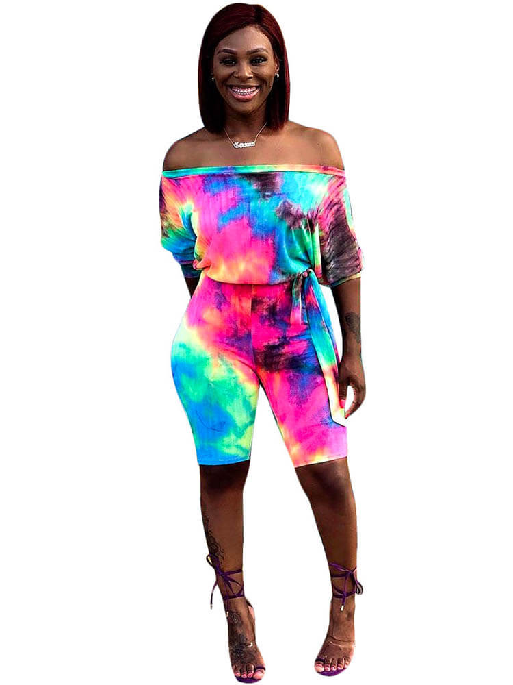 Off Shoulder Tie Dye Shorts Jumpsuits Tiynon