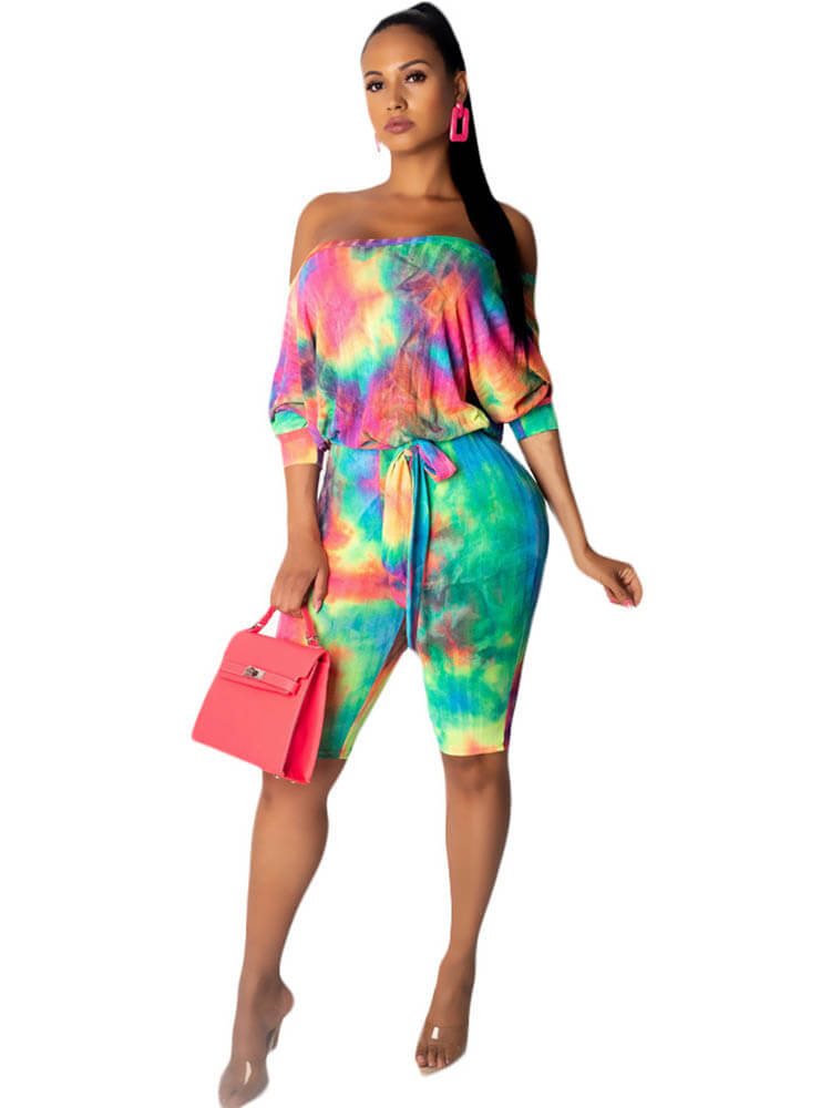 Off Shoulder Tie Dye Shorts Jumpsuits Tiynon