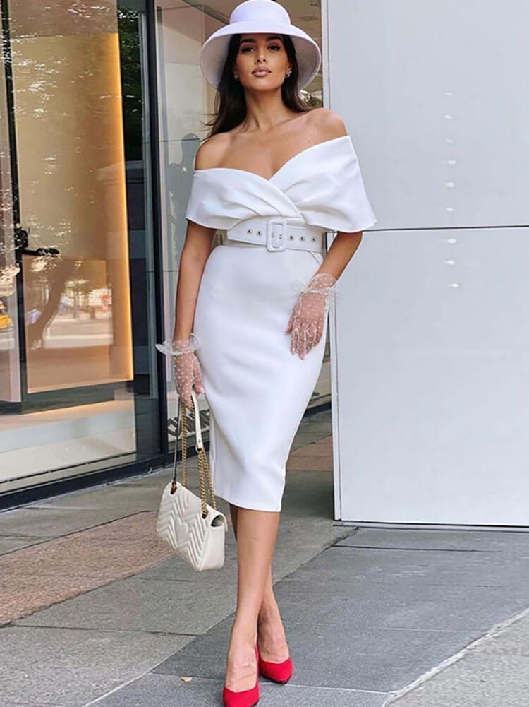 Off Shoulder V Neck Midi Dresses Tiynon