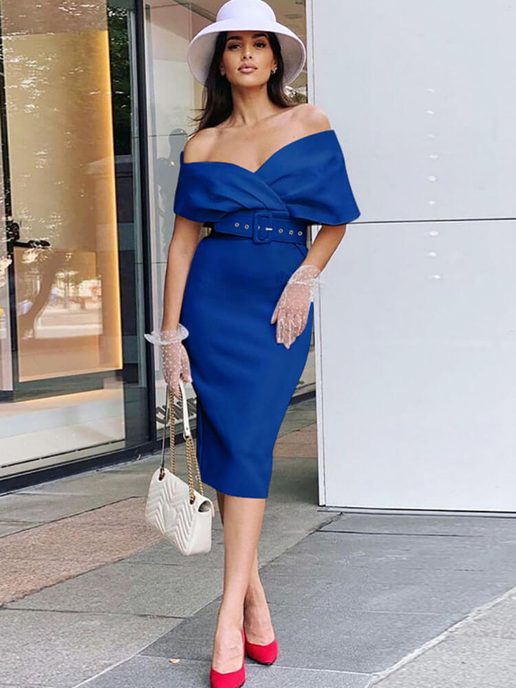 Off Shoulder V Neck Midi Dresses Tiynon