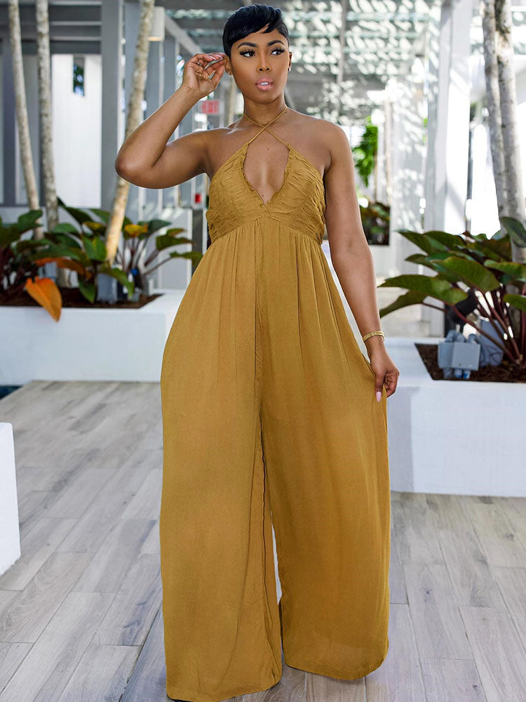 One Piece Halter Neck Wide Leg Jumpsuits Tiynon