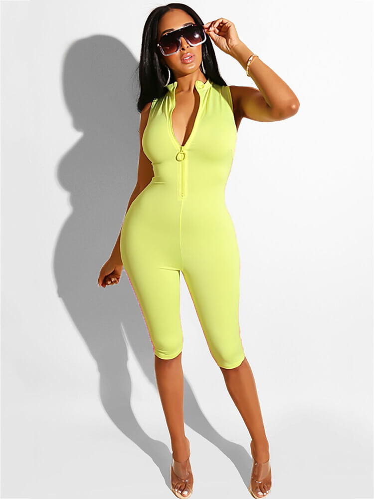 One Piece Sleeveless Front Zipper Short Jumpsuits Rompers Tiynon