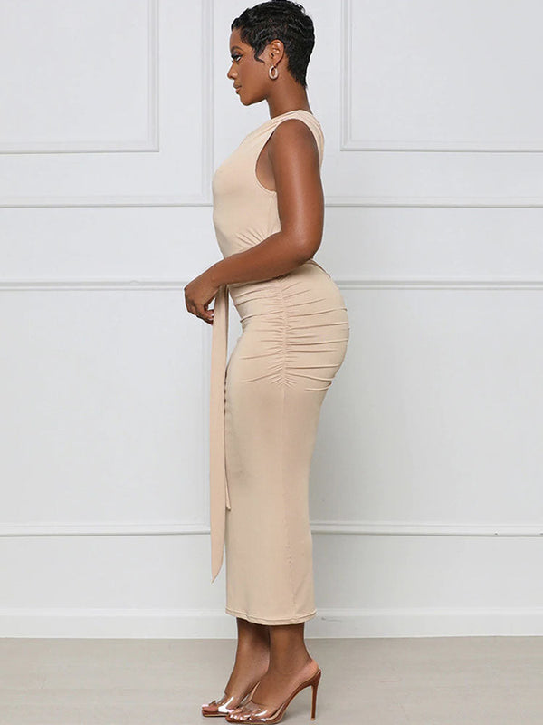 One Shoulder Belted Bodycon Midi Dresses Tiynon