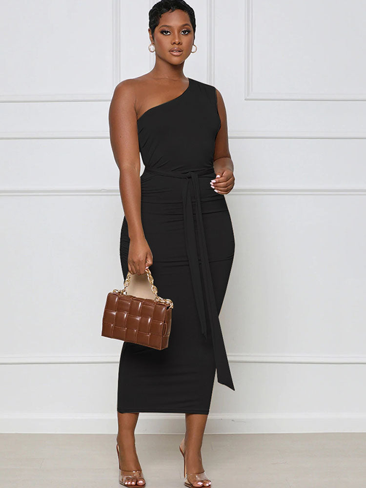 One Shoulder Belted Bodycon Midi Dresses Tiynon