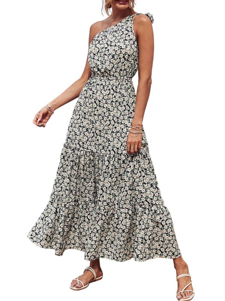 One Shoulder Floral Print Ruffle Hem Maxi Dresses Tiynon