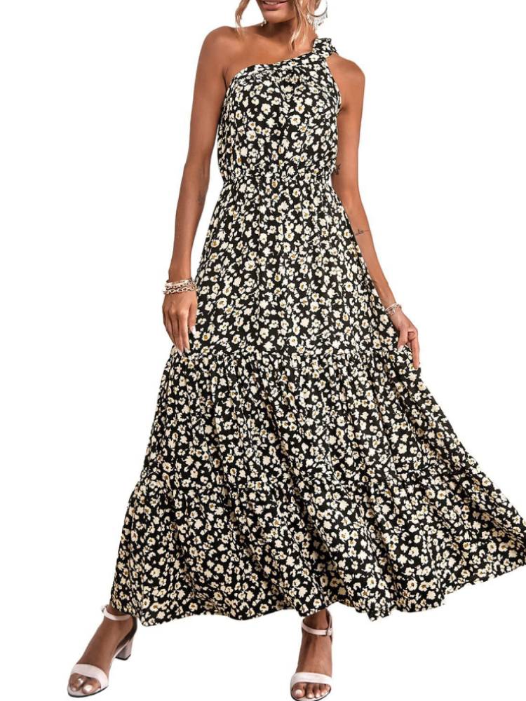 One Shoulder Floral Print Ruffle Hem Maxi Dresses Tiynon