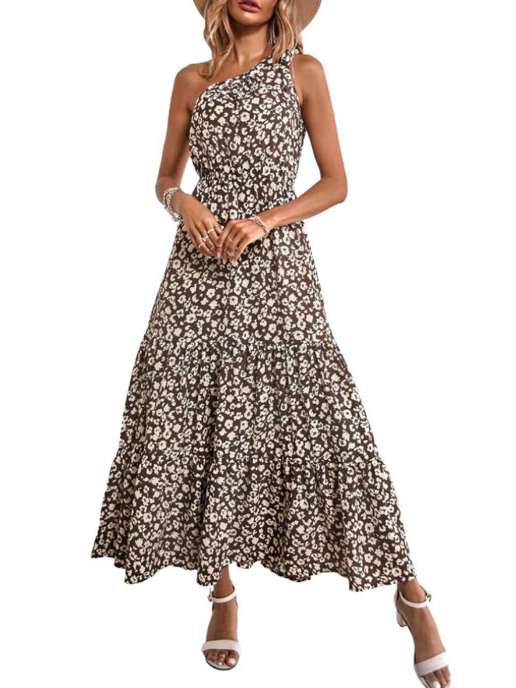 One Shoulder Floral Print Ruffle Hem Maxi Dresses Tiynon