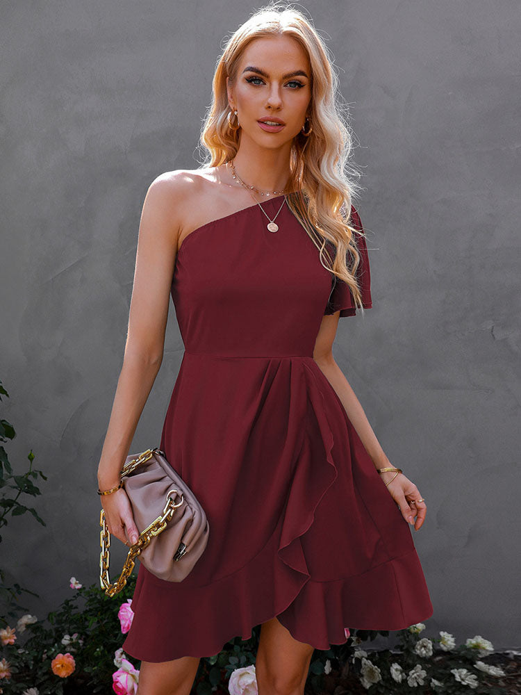 One Shoulder Irregular Ruffle Mini Dresses Tiynon