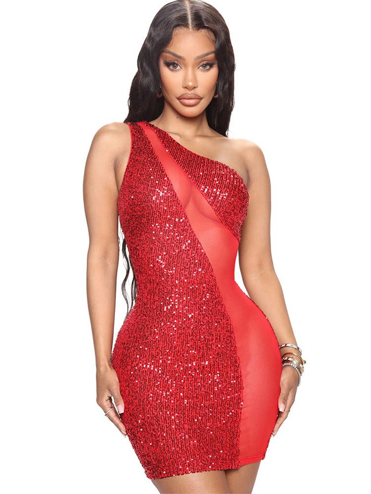 One Shoulder Mesh Patchwork Sequin Mini Dresses Tiynon