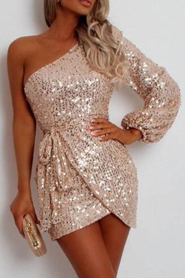 One Shoulder Mini Dress with Champagne Sequins Tiynon