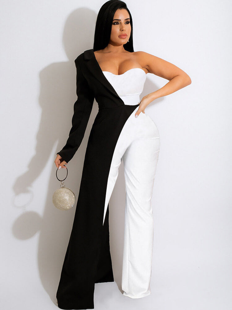 One Shoulder Patchwork Wide Leg Jumpsuit Tiynon