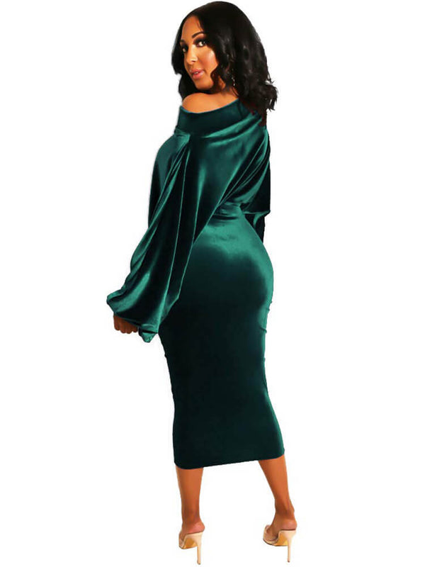 One Shoulder Puff Sleeve Velvet Bodycon Midi Dresses Tiynon