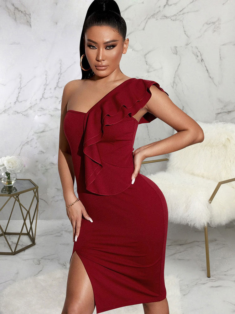 One Shoulder Ruffled Split Backless Midi Dresses Tiynon