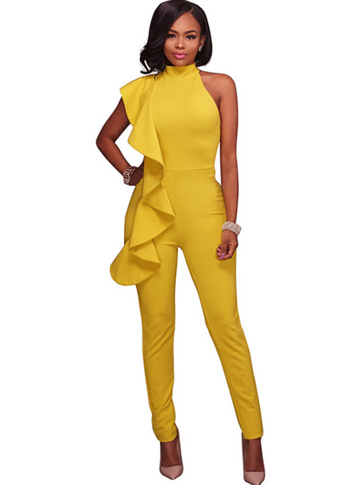 One Shoulder Sleeveless Ruffle Bodycon Jumpsuit Tiynon