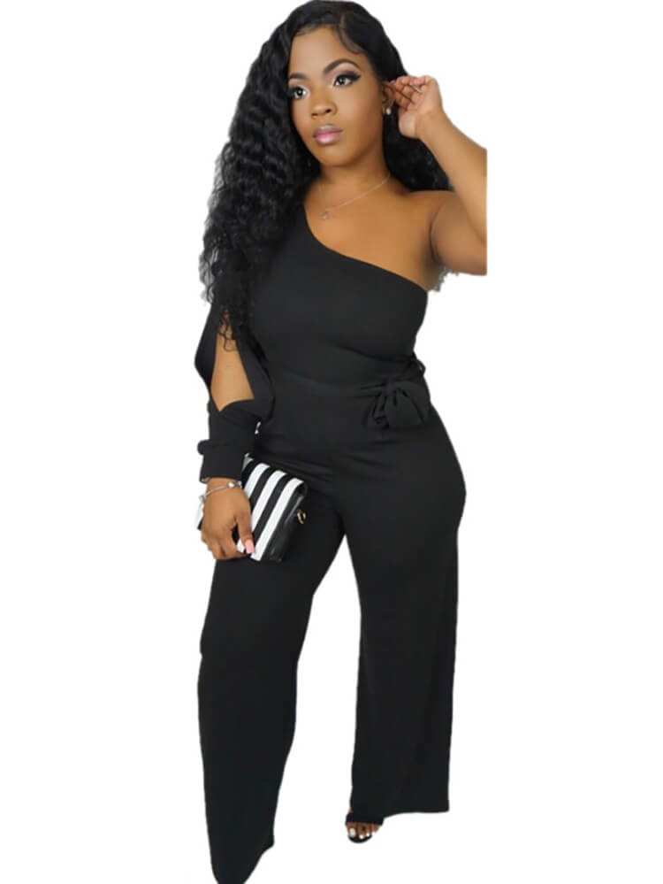 One Shoulder Slit Sleeve Solid Color Wide Leg Pant Jumpsuits Tiynon