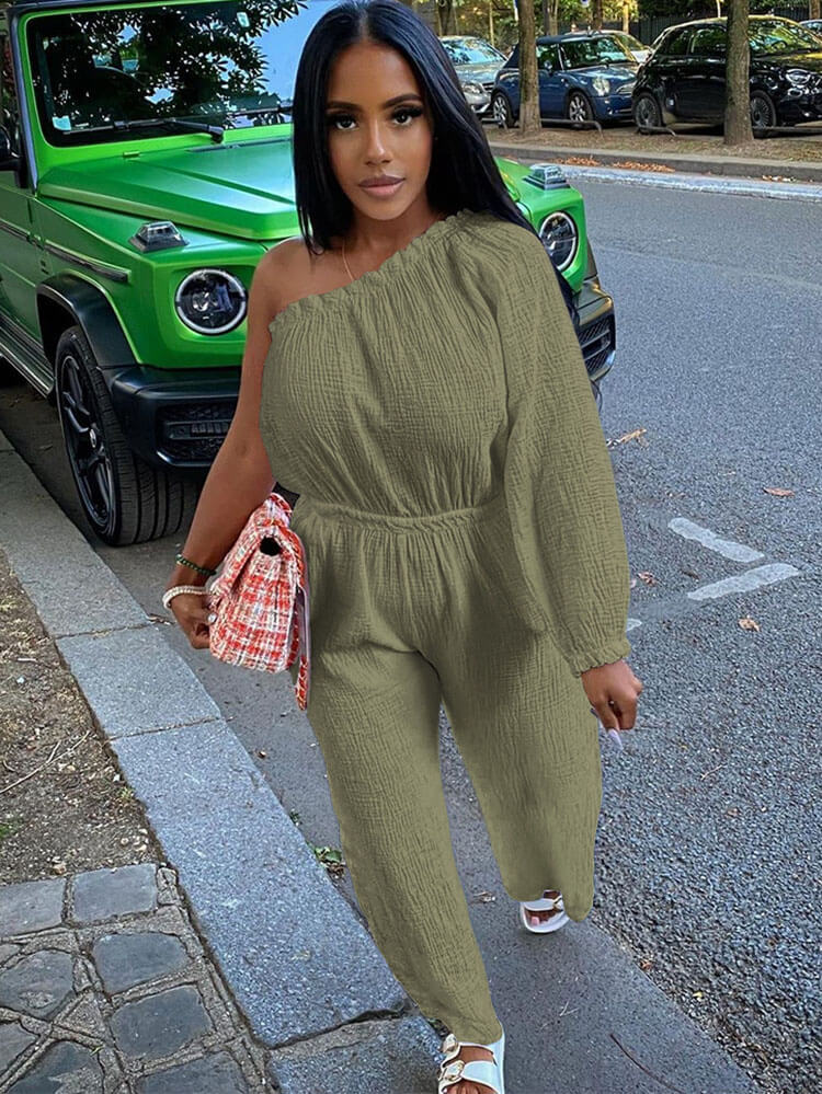 One Shoulder Solid Color Wide Leg Pants Jumpsuits Tiynon