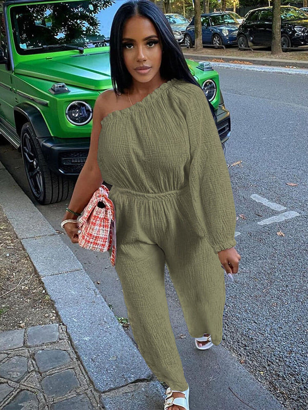 One Shoulder Solid Color Wide Leg Pants Jumpsuits Tiynon