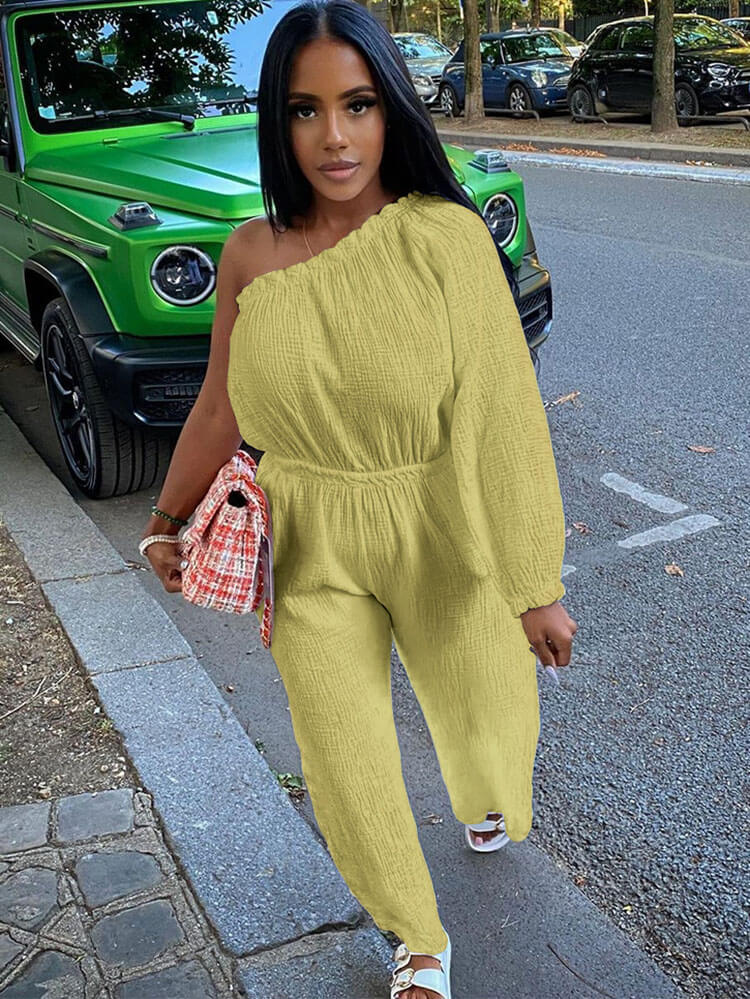 One Shoulder Solid Color Wide Leg Pants Jumpsuits Tiynon