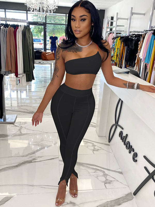 One Shoulder Strap Crop Top & High Waist Legging Tiynon