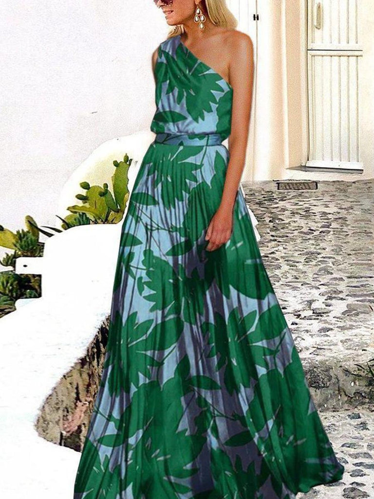 One-shoulder Leaf Print Maxi Dress Tiynon