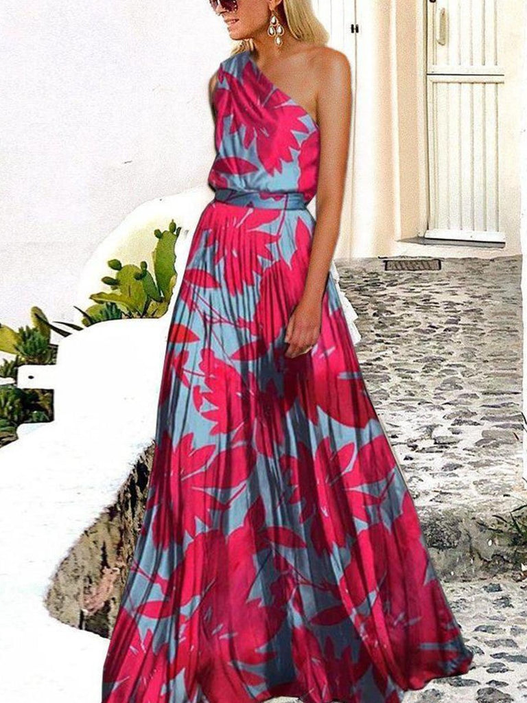 One-shoulder Leaf Print Maxi Dress Tiynon