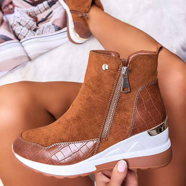 PU Patchwork Side Zipper Ankle Booties Tiynon