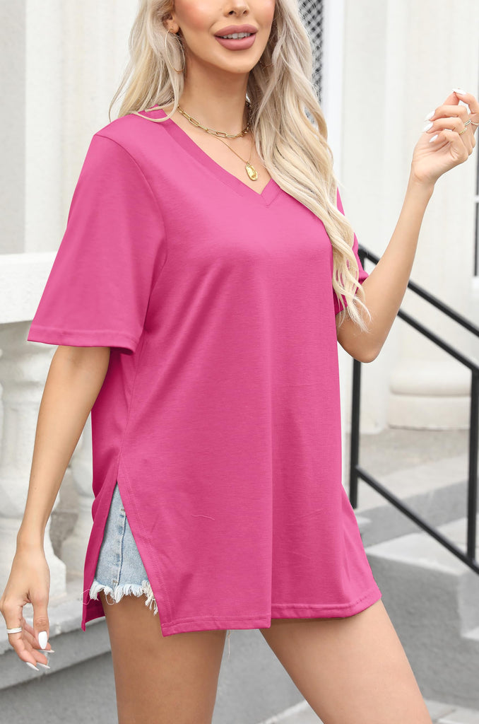 Short Sleeve Side Slit V Neck Top