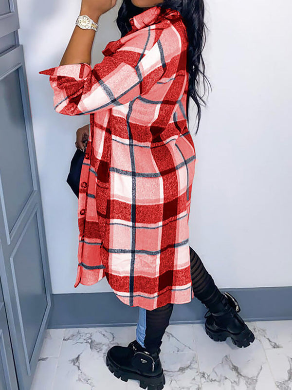 Plaid Button Down Long Shirt Coats Tiynon