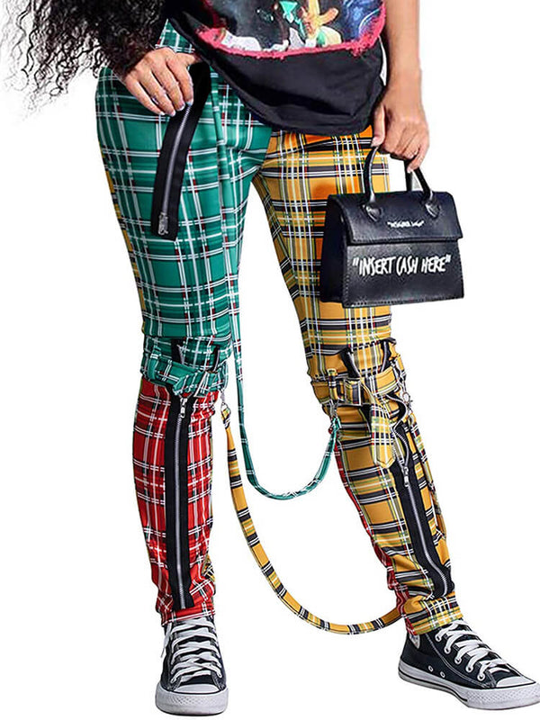 Plaid Color Block Stretchy High Waist Skinny Pants Tiynon