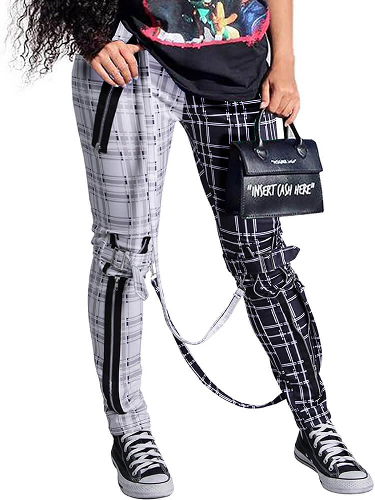 Plaid Color Block Stretchy High Waist Skinny Pants Tiynon