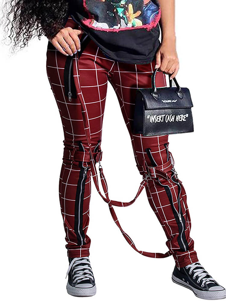 Plaid Color Block Stretchy High Waist Skinny Pants Tiynon