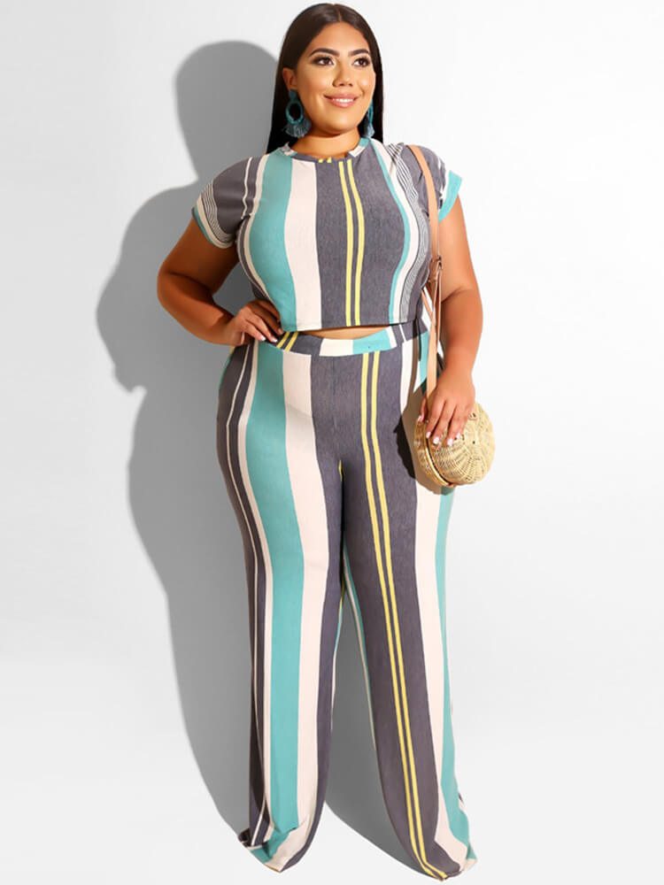 Plus Size 2 Piece Stripes Crop Top + Long Pants Sets Tiynon