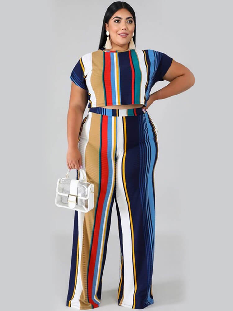 Plus Size 2 Piece Stripes Crop Top + Long Pants Sets Tiynon