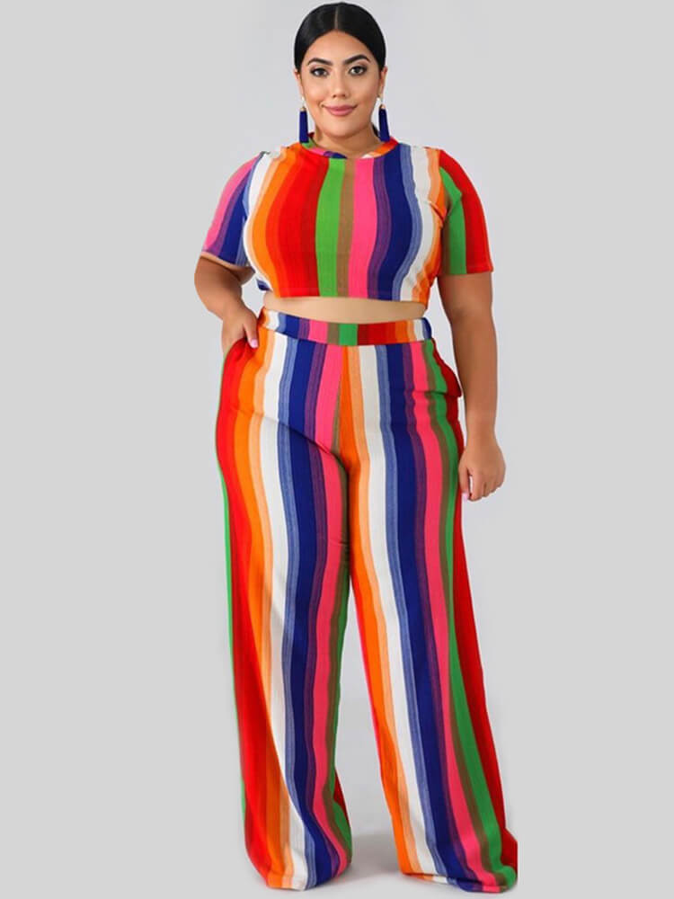 Plus Size 2 Piece Stripes Crop Top + Long Pants Sets Tiynon