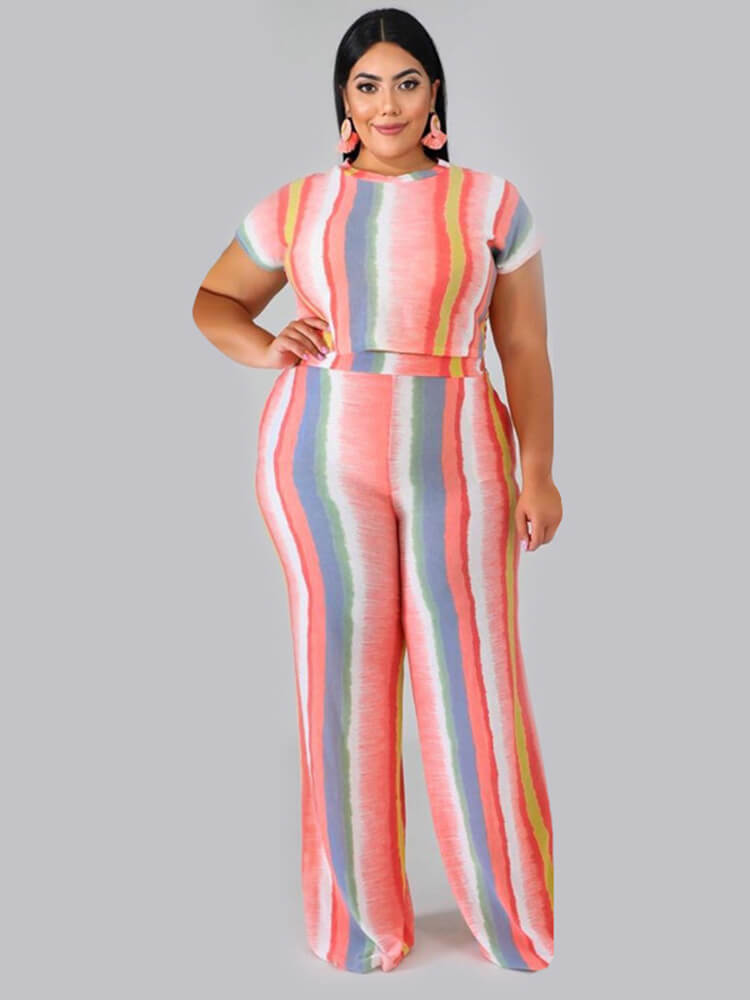 Plus Size 2 Piece Stripes Crop Top + Long Pants Sets Tiynon