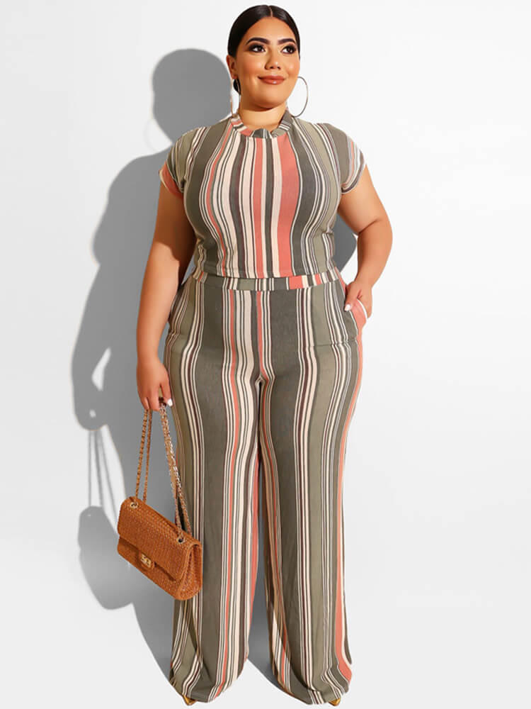 Plus Size 2 Piece Stripes Crop Top + Long Pants Sets Tiynon