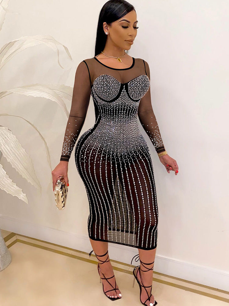 Plus Size Hot Drilling Mesh Long Sleeve Midi Dress Tiynon