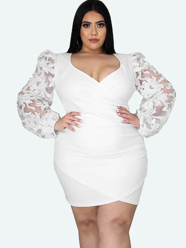 Plus Size Lace Long Sleeve Wrap Hip Mini Dresses Tiynon