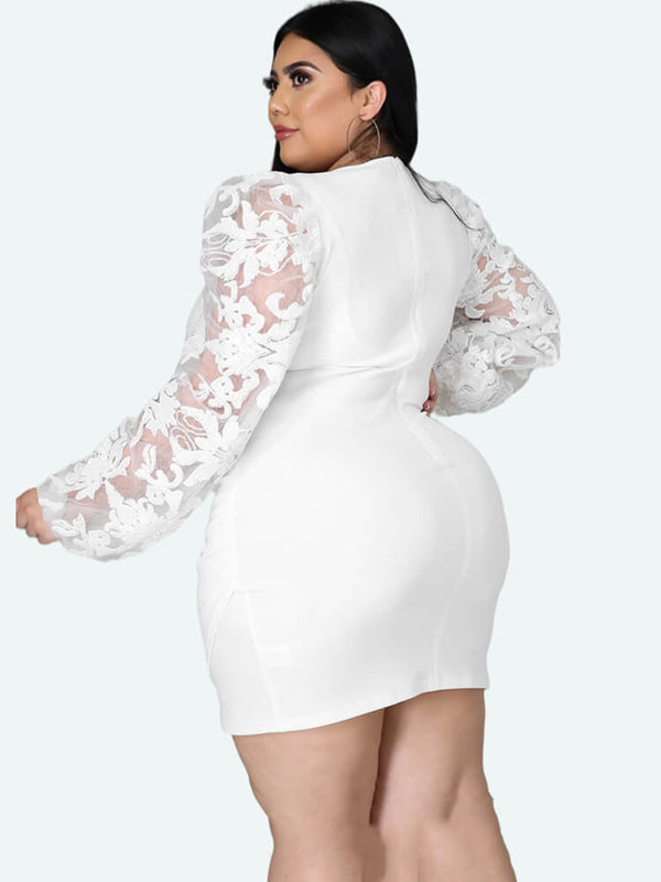 Plus Size Lace Long Sleeve Wrap Hip Mini Dresses Tiynon