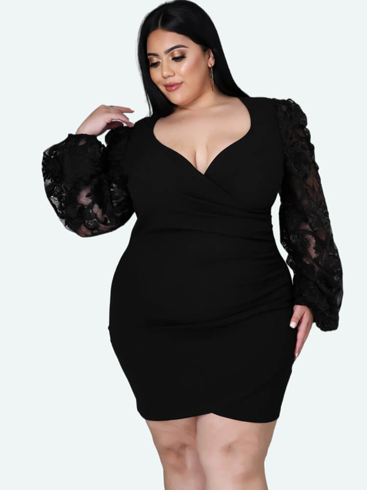 Plus Size Lace Long Sleeve Wrap Hip Mini Dresses Tiynon