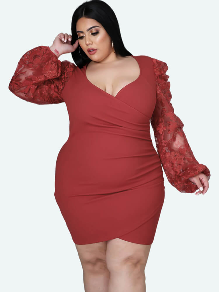 Plus Size Lace Long Sleeve Wrap Hip Mini Dresses Tiynon