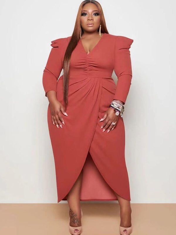 Plus Size Long Sleeve Asymmetrical Midi Dresses Tiynon