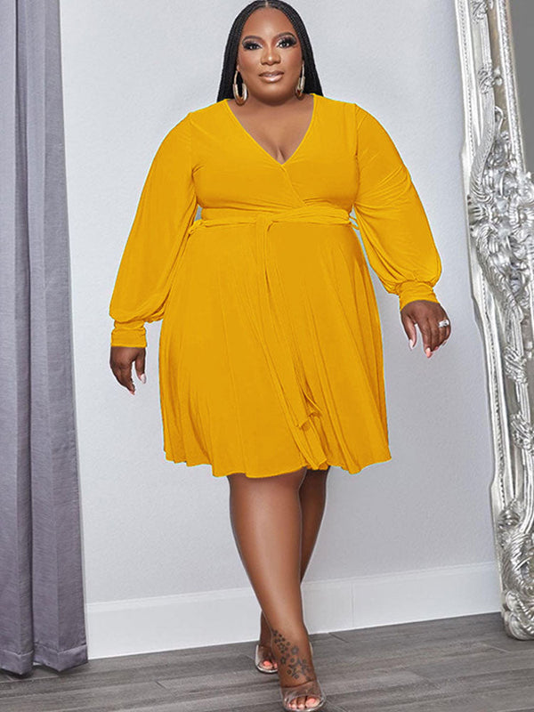 Plus Size Long Sleeve Belted Midi Dresses Tiynon