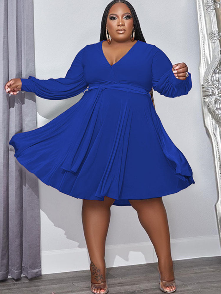 Plus Size Long Sleeve Belted Midi Dresses Tiynon