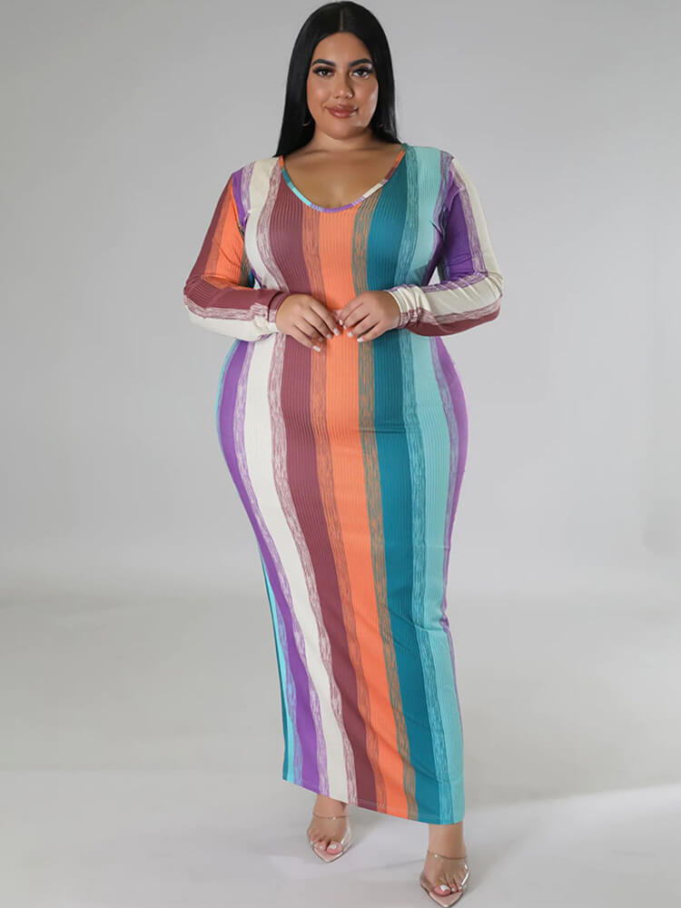 Plus Size Long Sleeve Color Block Maxi Dresses Tiynon